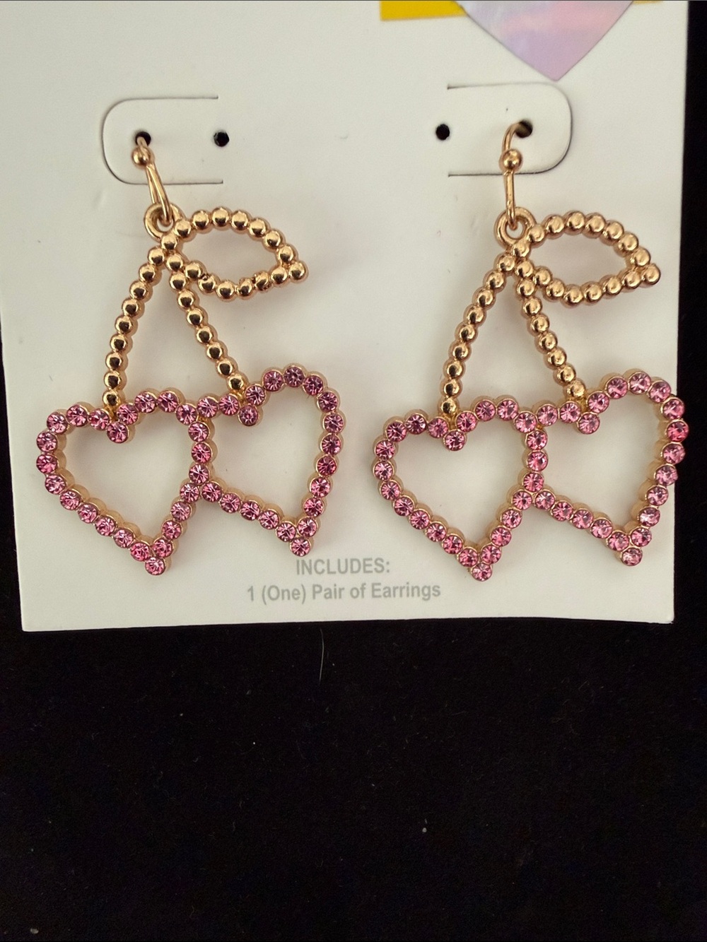 NWT Women’s 1.5” Gold & Pink Double Cherry Heart Drop Earrings crystals